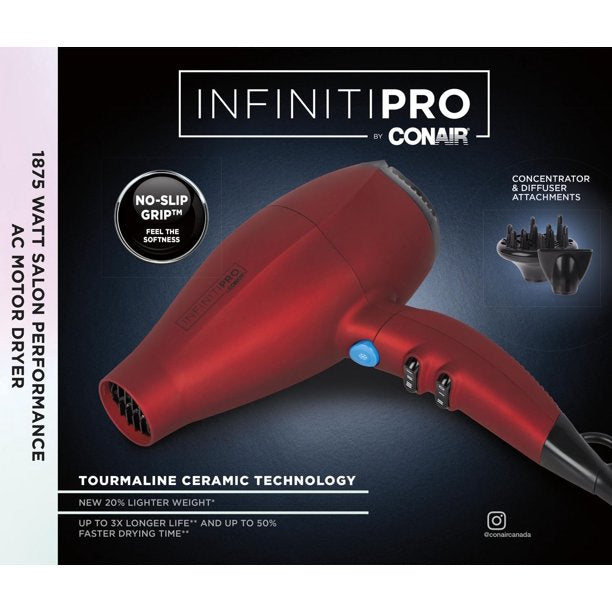 InfinitiPRO by Conair 1875Watt Full Size Tourmaline Ceramic Ionic Soft Touch Hair Dryer (30 Days Warranty)