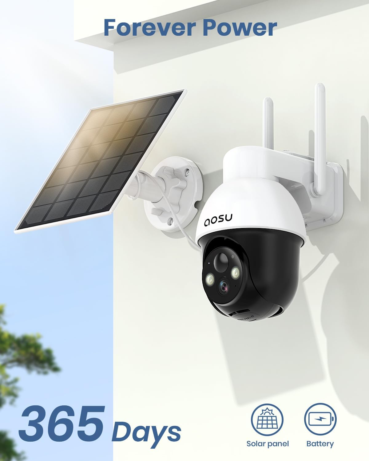 AOSU Solar Security Camera Wireless Outdoor with Panoramic PTZ, Human Auto Tracking, 2K Night Vision, Light and Sound Alarm, 2-Way Talk, Compatible with Alexa/Google Assistant for Home Surveillance