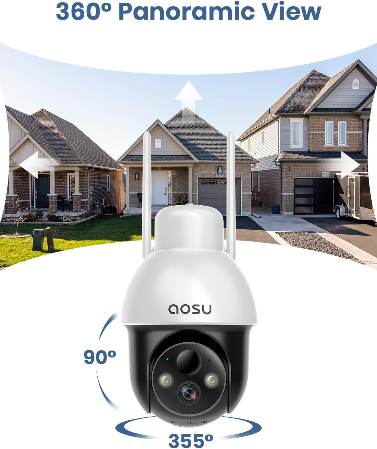 AOSU Solar Security Camera Wireless Outdoor with Panoramic PTZ, Human Auto Tracking, 2K Night Vision, Light and Sound Alarm, 2-Way Talk, Compatible with Alexa/Google Assistant for Home Surveillance