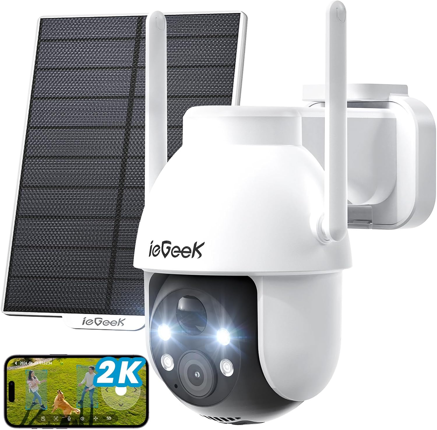 ieGeek Security Cameras Wireless Outdoor-Solar & Battery Powered Camera System for Home Exterieur Surveillance, 360°PTZ WiFi Cam with 2K Color Night Vision, Smart Siren, Motion Sensor