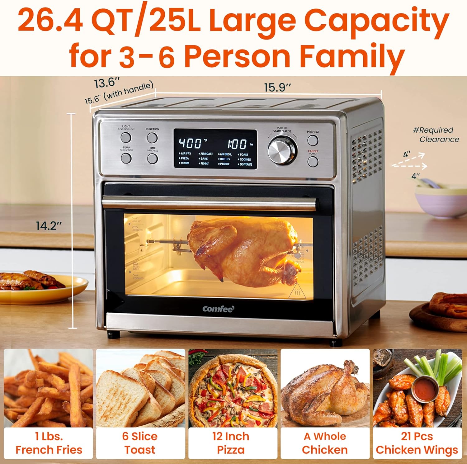 COMFEE 12-in-1 Air Fryer Toaster Oven Countertop Convection Oven Temperature Control 26.4 QT (90 Days Warranty)