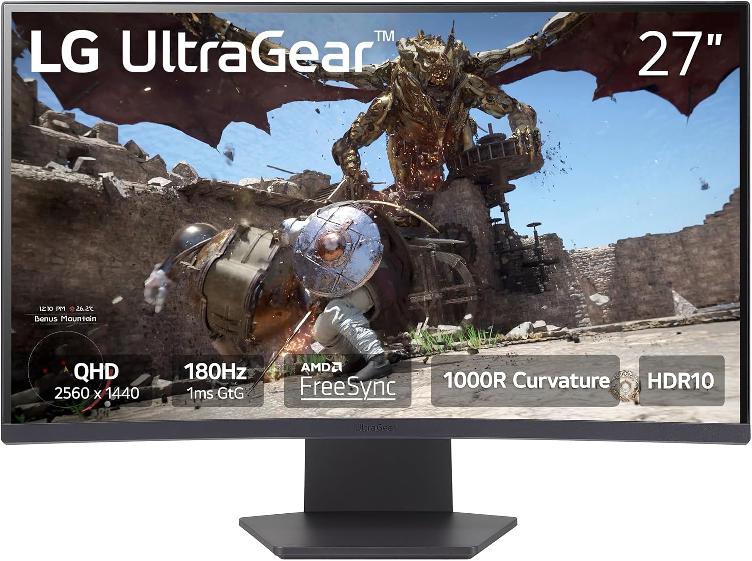 LG 27GS60QC-B Ultragear Curved Gaming Monitor 27-Inch QHD (2560x1440) 180Hz 1ms 1000R AMD FreeSync HDR10 HDMIx2 DisplayPort Borderless Design Black