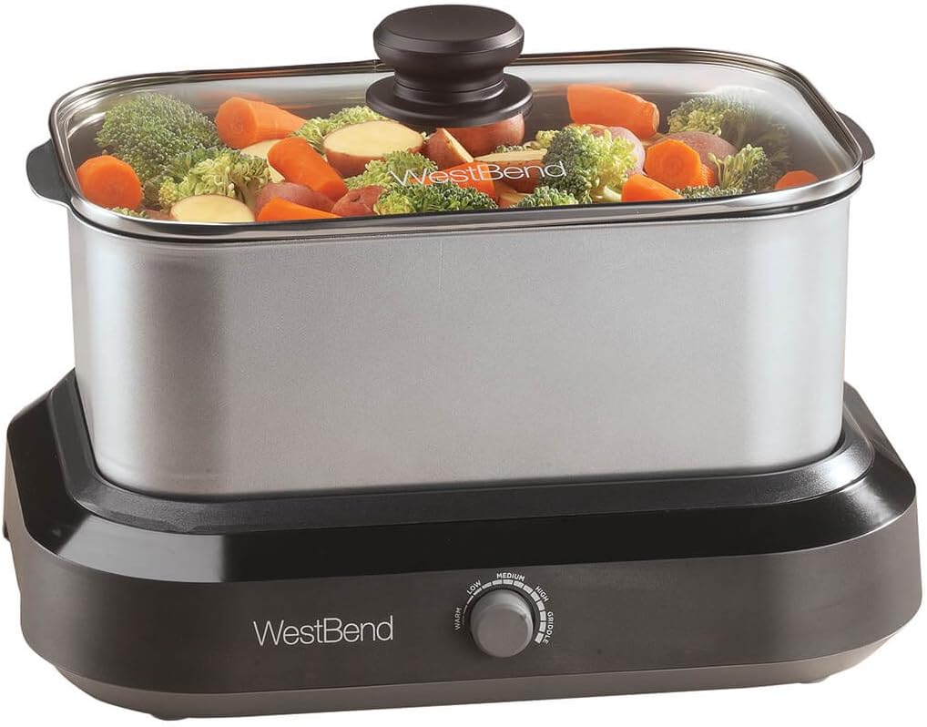 West Bend 87905 Large Capacity Non-Stick Versatility Slow Cooker Includes A Travel Lid & Thermal Carrying Case, 5-Quart, Silver (90 Days Warranty)