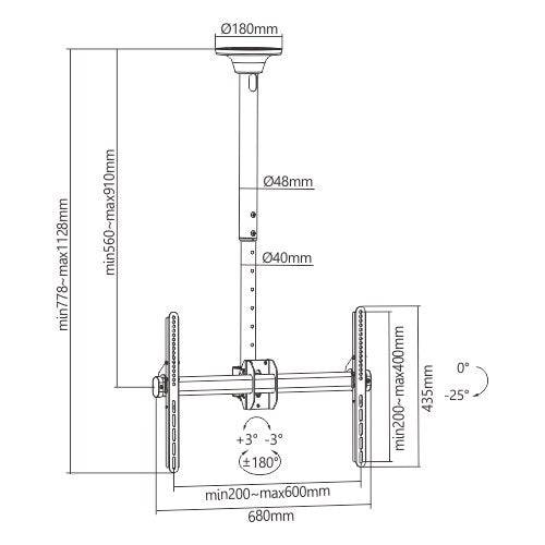 Brateck PLB-CE946-02S TELESCOPIC FULL-MOTION TV CEILING MOUNT For most 37"-70" LED, LCD flat panel TVs | TechSpirit Inc.