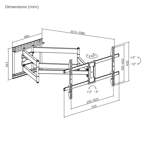 Brateck BT-LPA84-486XL Extra Long Arm Full-Motion TV Wall Mount – 43"-90" Panels (Max VESA 600x400, 60kg Capacity)