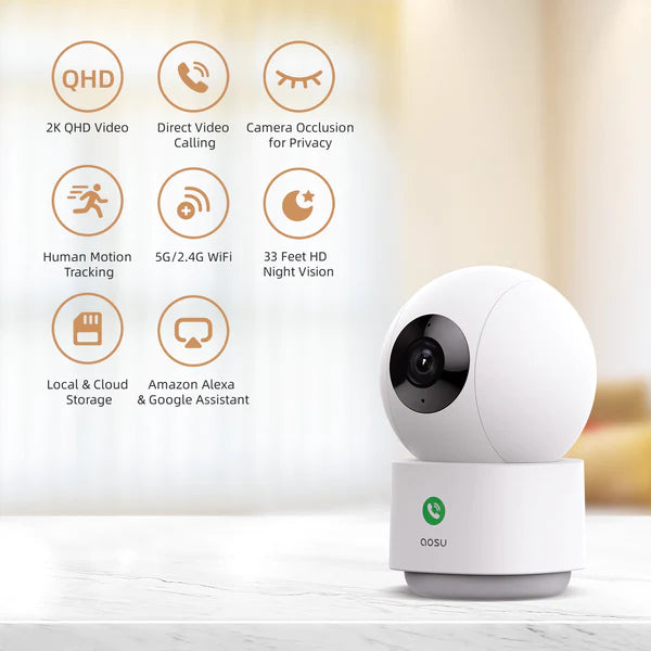 AOSU 2K Security Camera Indoor, 3MP Baby Monitor Pet Dog Camera, One-Touch Call, Support 5G & 2.4G WiFi, 360° Pan-Tilt Motion Tracking, Home Surveillance Camera, Night Vision, Compatible with Alexa