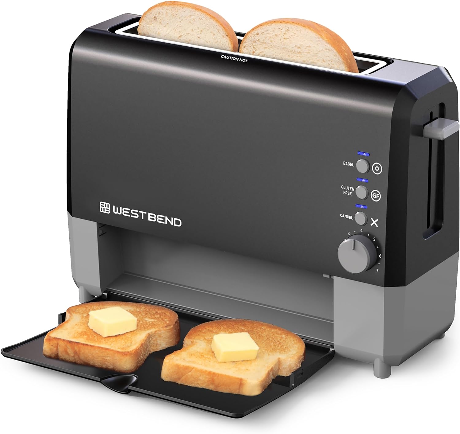 West Bend 77224 QuikServe Slide Through Wide Slot Toaster with Cool Touch Exterior & Removable Crumb Tray, 2-Slice (90 Days Warranty)