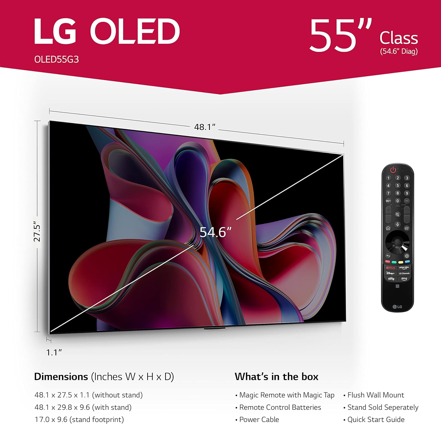 LG G3 55" 4K UHD HDR OLED evo Gallery webOS Smart TV OLED55G3PUA (Certified Refurbished, Six Months Warranty)