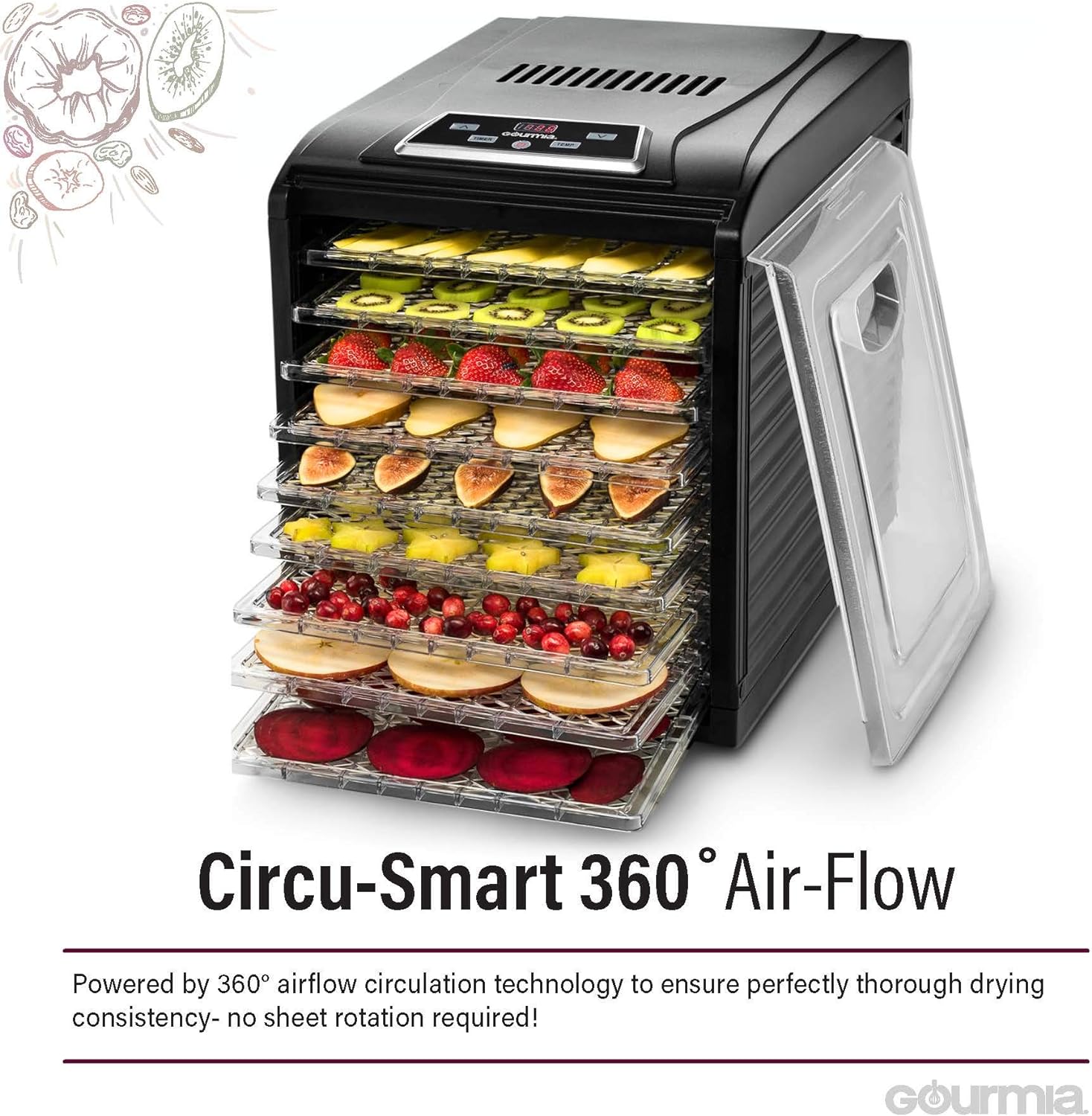 Gourmia GFD1950 Premium Electric Food Dehydrator Machine - Digital Timer and Temperature Control - 9 Drying Trays (Refurbished - 90 Days Warranty)