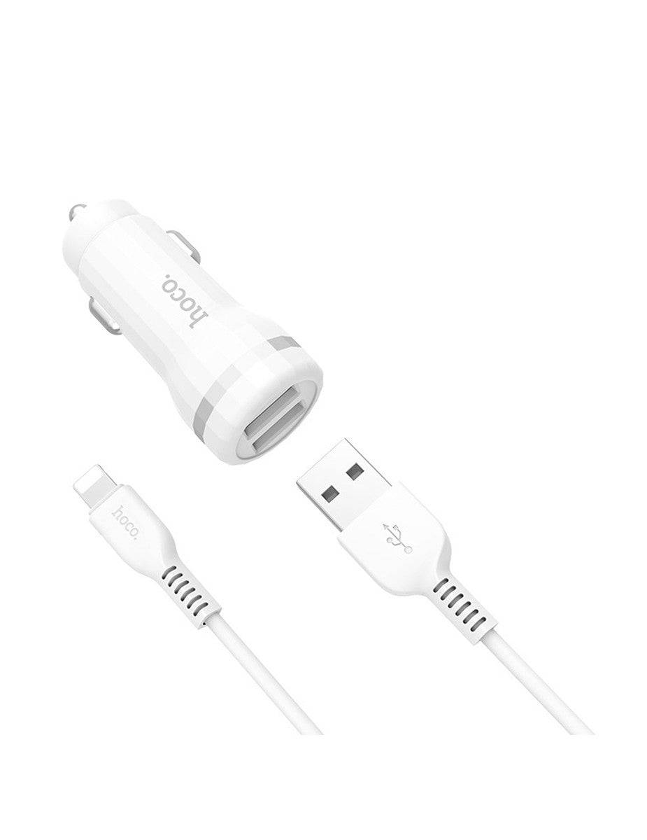 Hoco Staunch 2 Port 2.1A Car Charger Set with Lightning Cable (Z27) White | TechSpirit Inc.